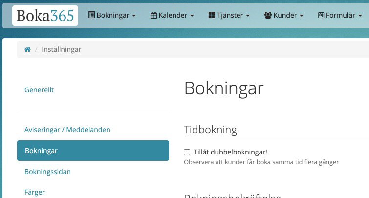 Tillåt dubbelbokning med ny inställning via Inställningar > Bokningar > Tillåt dubbelbokning